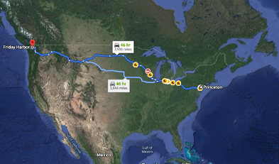 Map of Shimomura's travels across the US